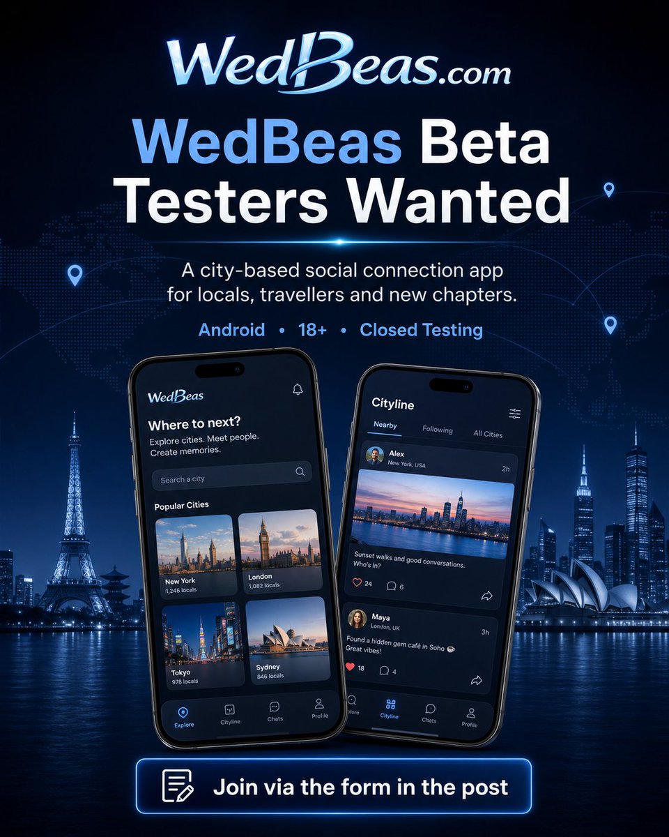 wedbeas's tweet image. WedBeas is looking for Android beta testers.
A city-based social app for locals &amp;amp; travellers.
18+ • Google Play Closed Testing
Selected regions: EU + Nordic Countries, US, CA, AU, JP, UK.
Join: forms.gle/QsZsg192TpKNU1…
#Android #BetaTesting #WedBeas #androidbeta