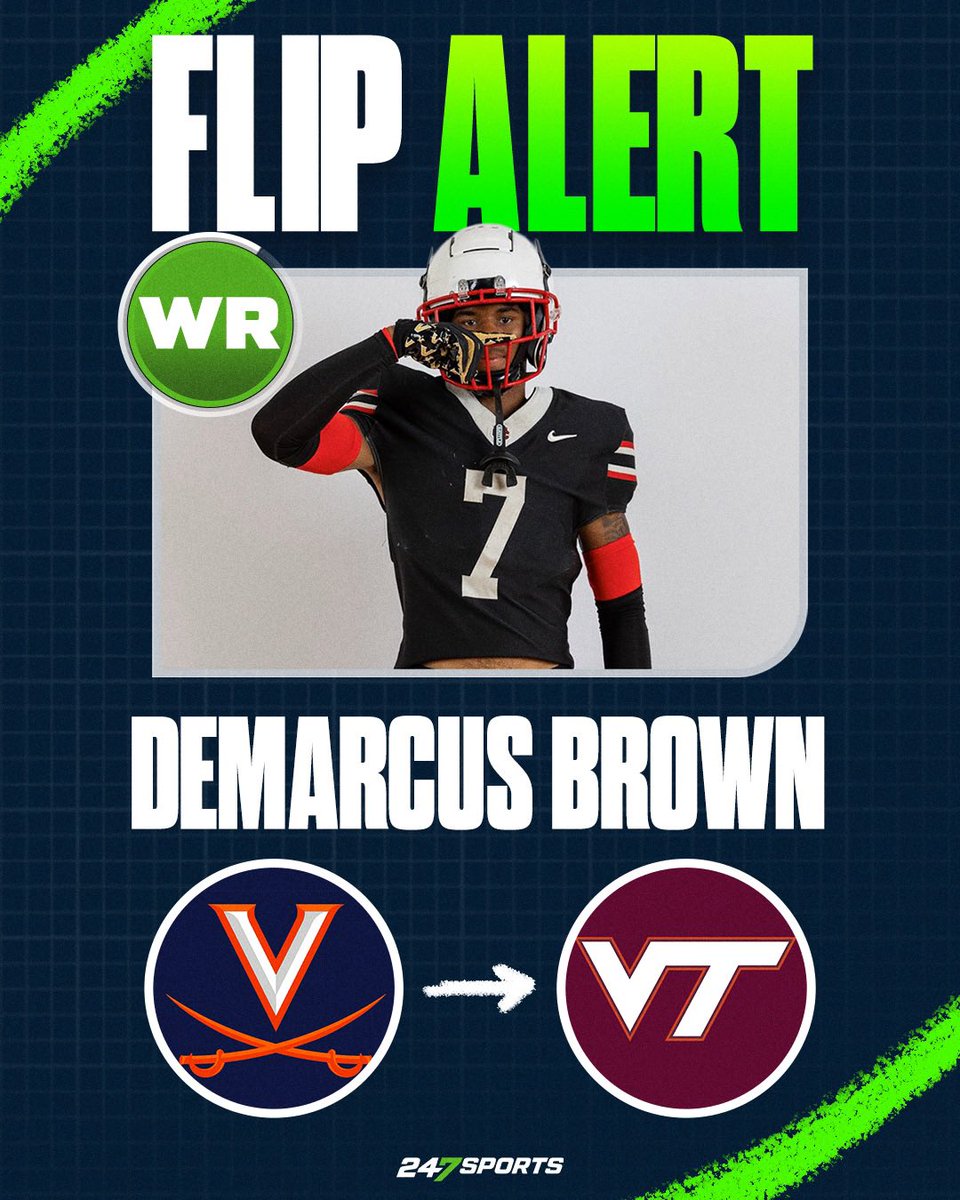 MatejS247's tweet photo. 🚨COMMITMENT🚨

Virginia Tech #Hokies FLIP WR Demarcus Brown from in-state rival Virginia. 

The 6-foot-3.5 inch, 180-pound Roanoke, VA native is the No. 7 prospect in the state per 247Sports.

James Franklin lands UVa's top commit in the 2027 Class.

STORY | https://t.co/BUpYnx3hz2