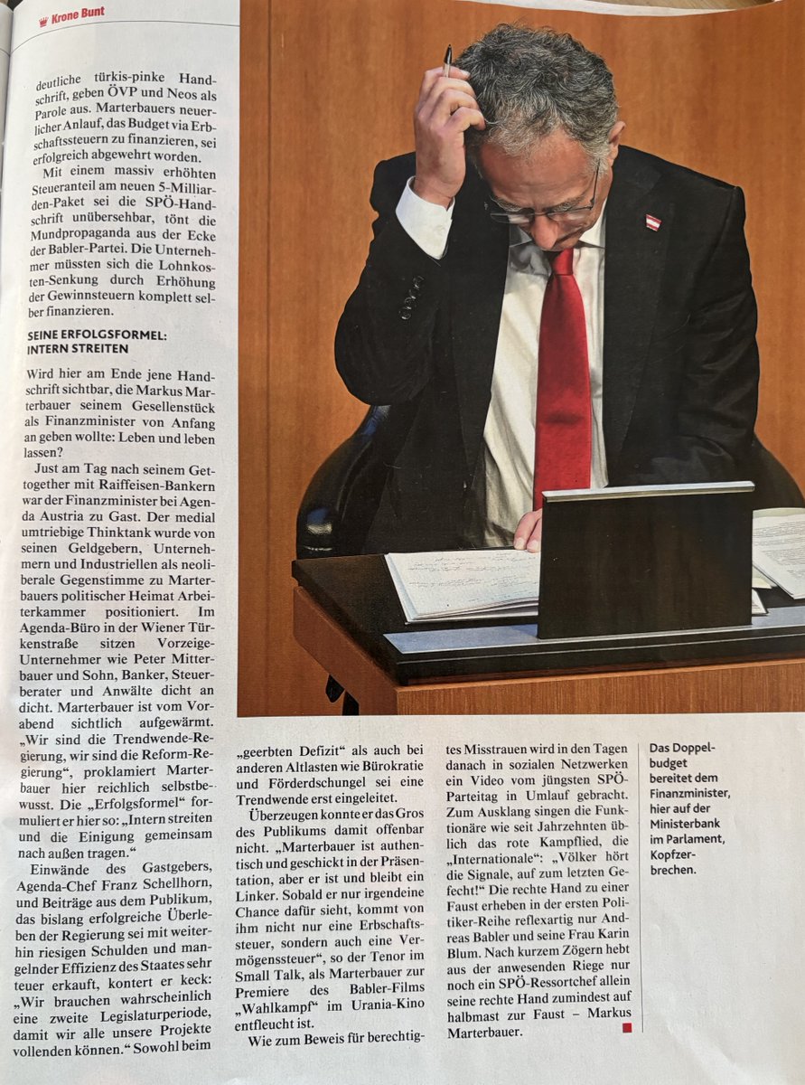 MARTERBAUERS GESELLENSTUECK Wie der Finanzminister beim Budget-Kraftakt auf die Devise „Leben und leben lassen“ setzte und während der Verhandlungen mehrere Abende im Lager des „Klassenfeinds“ zubrachte. <a href="/krone_at/">Kronen Zeitung</a>