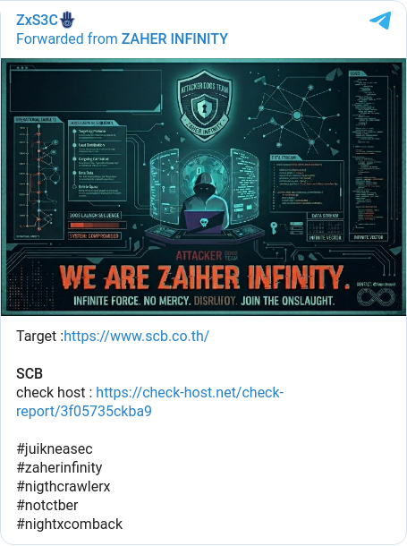 ThreatviewioLab's tweet photo. 🚨 DDOS ALERT 🚨
Group: ZxS3C🪬
Targets:
• SCB (https://t.co/GPxb31QzwL)

#threatintel #ddos #thailand https://t.co/4IZDaDzuPu