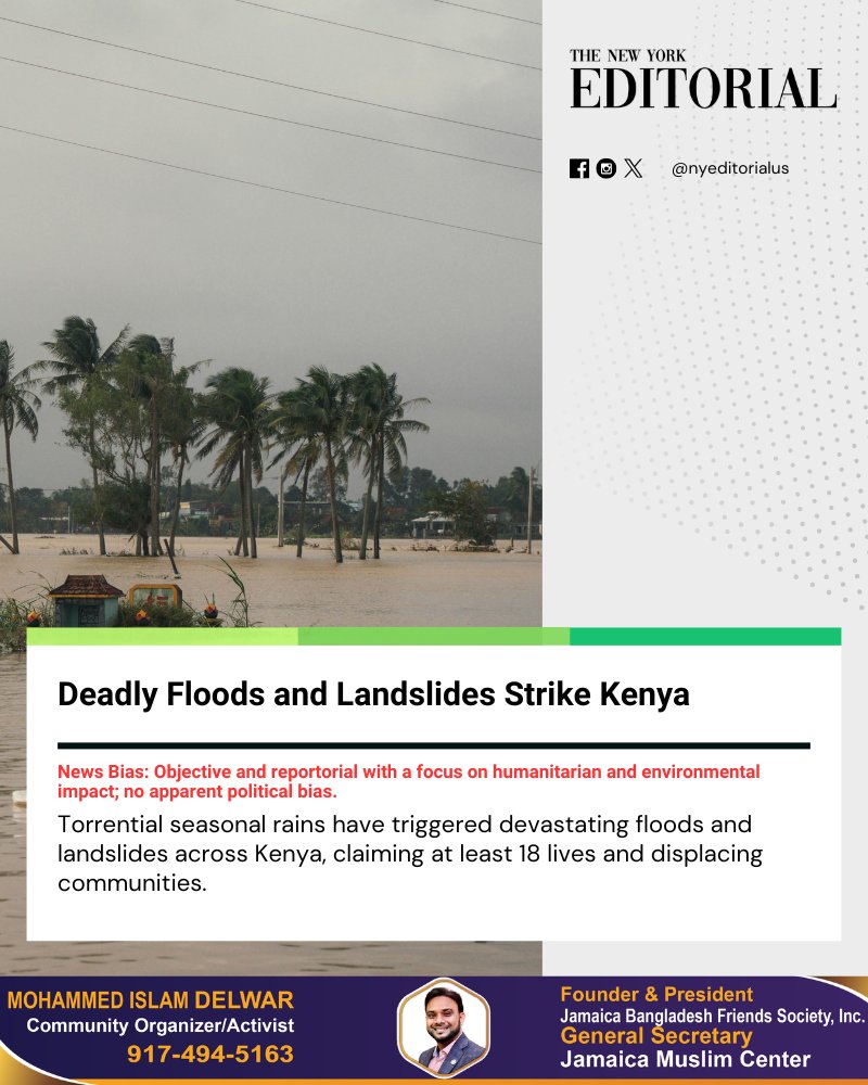 nyeditorialus's tweet image. 🚨 At least 18 dead in Kenya as heavy rains trigger landslides and city-wide flooding. Authorities warn of rising health risks and infrastructure damage as the "long rains" season peaks. 🇰🇪 🌧️

Read more on our Website.

#KenyaFloods #ClimateChange #BreakingNews