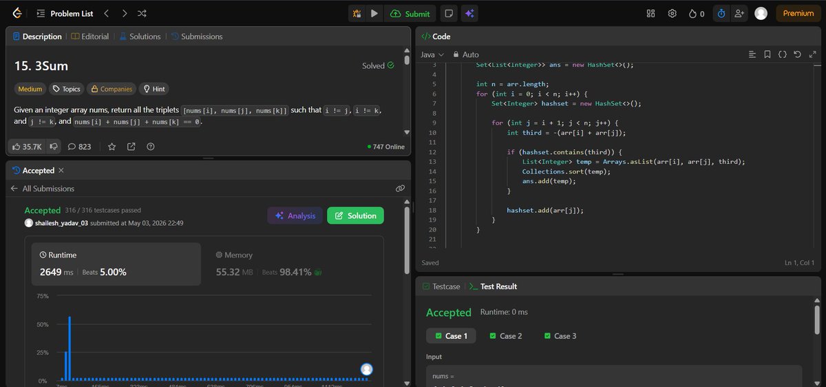 ShaileshYa66107's tweet image. Day 42 of DSA :  
Solved :  
✅3 Sum Problem    
Approaches used are :           
☑️BruteForce : O(N^3)        
☑️Better ( Hashing ) : O(N^2) 
The optimal approach is remaining to solve...
Keep grindin ..🔥

#Java #CodingJourney #LearnInPublic #Consistency