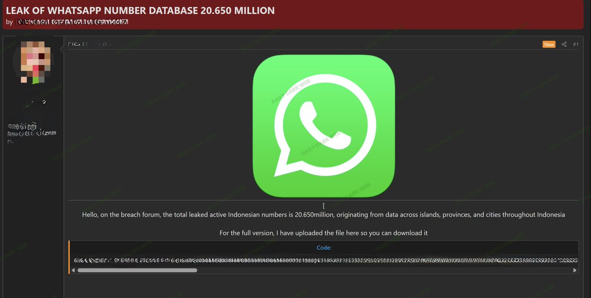 DailyDarkWeb's tweet photo. 💬 A threat actor on a cybercrime forum is claiming to have leaked a database containing approximately 20.6 million Indonesian WhatsApp numbers.

According to the post, the dataset allegedly contains active phone numbers collected from multiple regions across Indonesia, including provinces, islands, and major cities.

The actor shared sample entries consisting of Indonesian mobile numbers and claims the full dataset has been uploaded for download on the forum.

At this time, the claims remain unverified, and there is no official confirmation regarding the authenticity, origin, or legality of the dataset.

If authentic, the exposed data could significantly increase the risk of:
• Smishing and phishing campaigns  
• WhatsApp account takeover attempts  
• Social engineering operations  
• SIM swap targeting  
• Spam and fraud activity against Indonesian users  

Users are advised to remain cautious of unexpected WhatsApp messages, verification code requests, suspicious links, and impersonation attempts.

#DDW #Intelligence #Indonesia #WhatsApp #DataLeak #CyberSecurity #DarkWeb #InfoSec