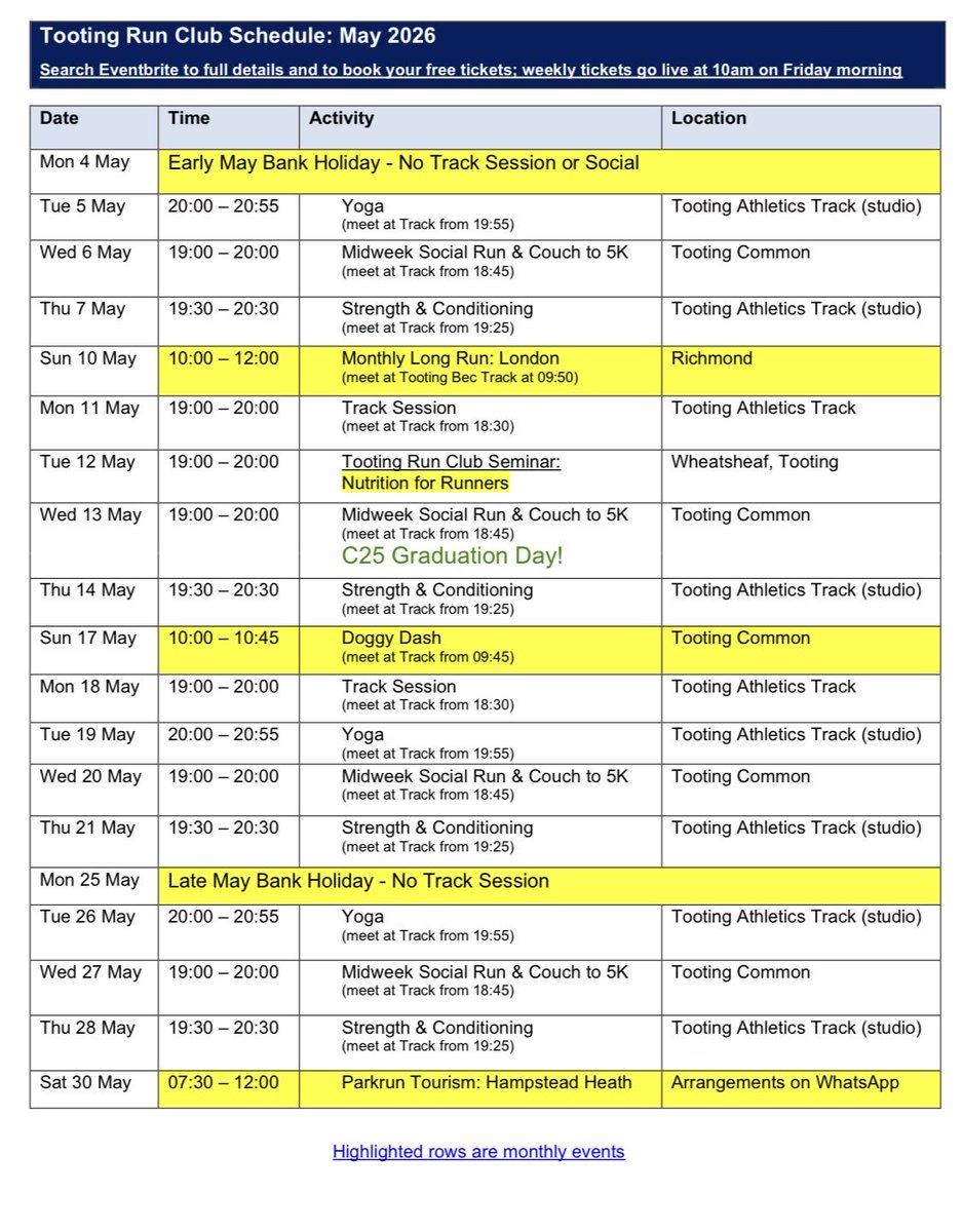 TootingRunClub's tweet photo. With tomorrow’s bank holiday, we don’t have a track session tomorrow but check out the rest of this month’s activities 👇 

Book your free tickets via the Eventbrite link in our bio 🔗 https://t.co/r3E6bUnaO5