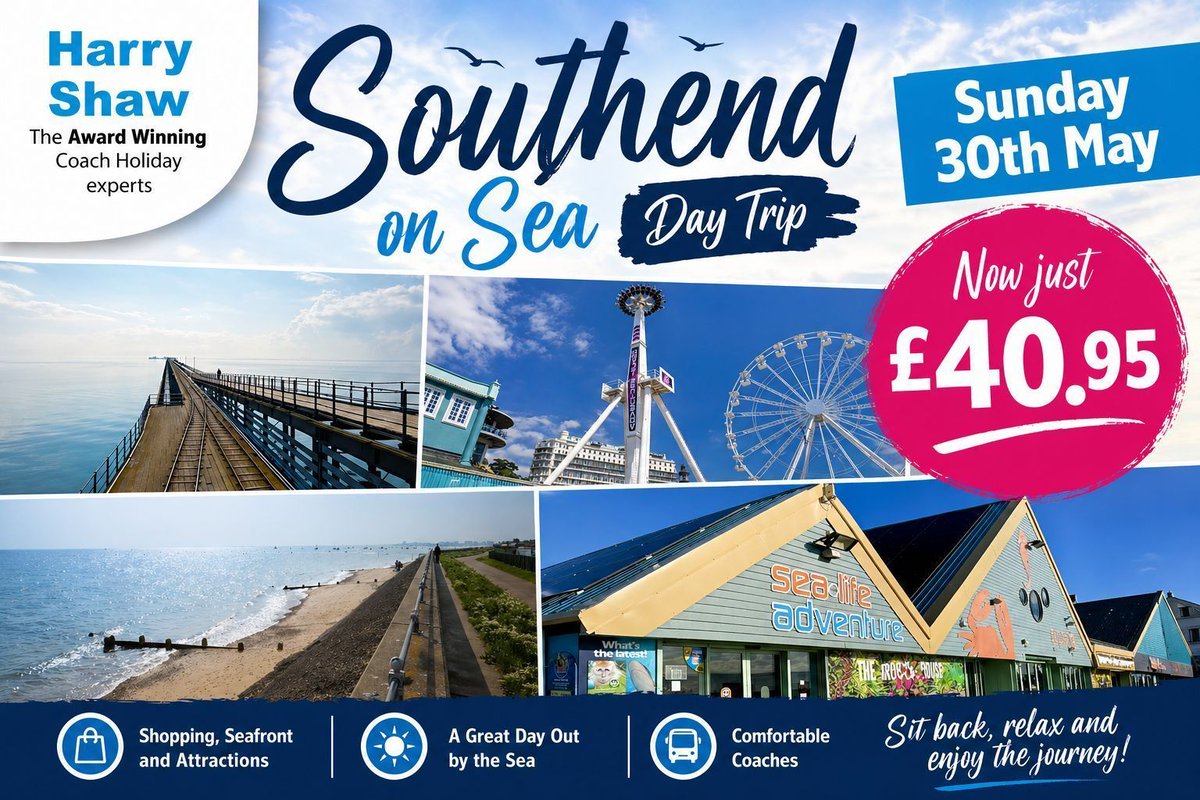 HarryShawTravel's tweet image. 🌊 𝗦𝗢𝗨𝗧𝗛𝗘𝗡𝗗-𝗢𝗡-𝗦𝗘𝗔 𝗗𝗔𝗬 𝗧𝗥𝗜𝗣 – £40.95𝗽𝗽! 🏖️

📅 Sun 30th May 2026

Seaside fun, 7 miles of coast &amp;amp; longest pier 🎡🍦

🚌 Coach travel included
✅ ABTA Bonded

👉 tinyurl.com/hfur8y3

#UKTravel #DayTrips #Seaside #TravelDeals