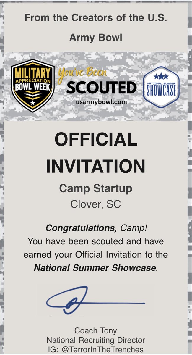 CampStartup11's tweet photo. Thanks @CoachTonyTNT and @USArmyBowl for the official invitation and opportunity to compete in the national summer showcase!! 
@Clover_Football @BennettSwygert @tcook_ohseven @PrepRedzoneSC @SportPrepX https://t.co/dZnOQkKMUd