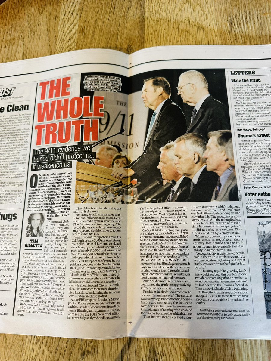 TaliGillette's tweet photo. 🚨Half-truths still equal a whole lie. We were not told the full story of 9/11.

New reporting in the @nypost based on recently surfaced filings and an exclusive interview with  @TerrySStrada national chair of 9/11 Families United, brings forward evidence and questions that were never fully part of the public record. 

Yes, Saudi Arabia is a U.S. ally, and that should never come before full stransparency and justice for the 9/11 victims and their families - who have spent decades fighting for truth and justice for their loved ones.

Please read and share

https://t.co/7bHUaKp0dH