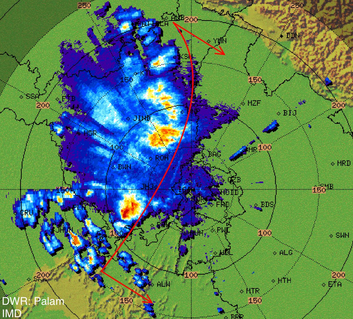 indiametsky's tweet image. Nowcast-1 ⚠️ 
Intense #duststorm with winds gusting upto 70-100 km/h followed by Thunderstorm, Moderate to Heavy rains and Isolated Hailstorm is going to impact #Jhajjar, #Dwarka, #Rohtak, #Delhi, #Pitampura, #Rewari, #Gurgaon, #Baghpat, #Panipat, #Sonipat, #Kaithal and #Karnal