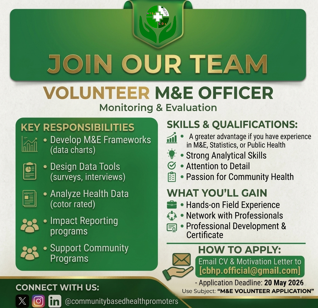 c_hpromoters's tweet photo. 📢 We're looking for YOU!

CBHP is calling for a volunteer to serve as our next Monitoring &amp; Evaluation Officer.

If you're data-driven, detail-oriented, and passionate about community health impact, this is your opportunity to make a real difference.

👉Send your details today! https://t.co/oKi7srZhmm