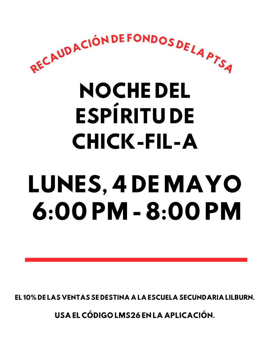 LilburnMiddle's tweet photo. Join us tomorrow for our final PTSA Chick-fil-A Spirit Night of the year at the Lilburn location from 6:00 to 8:00 PM. Please note the time, as this is different from our previous events. Be sure to mention LMS or use code LMS26 in the app. Ten percent of sales will support LMS. https://t.co/LqjmEc9WyD