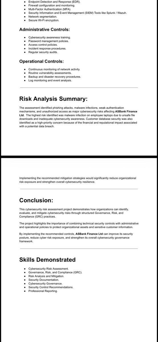 ThreatHunter76's tweet image. i just completed a Cybersecurity Risk Assessment project for a simulated financial organization (ASBank Financial Ltd).
Where i focused on:
- Risk identification
- Threat &amp;amp; vulnerability analysis.
- Risk mitigation strategies. 
RA is very important 
#Cybersecurity #GRC #BlueTeam