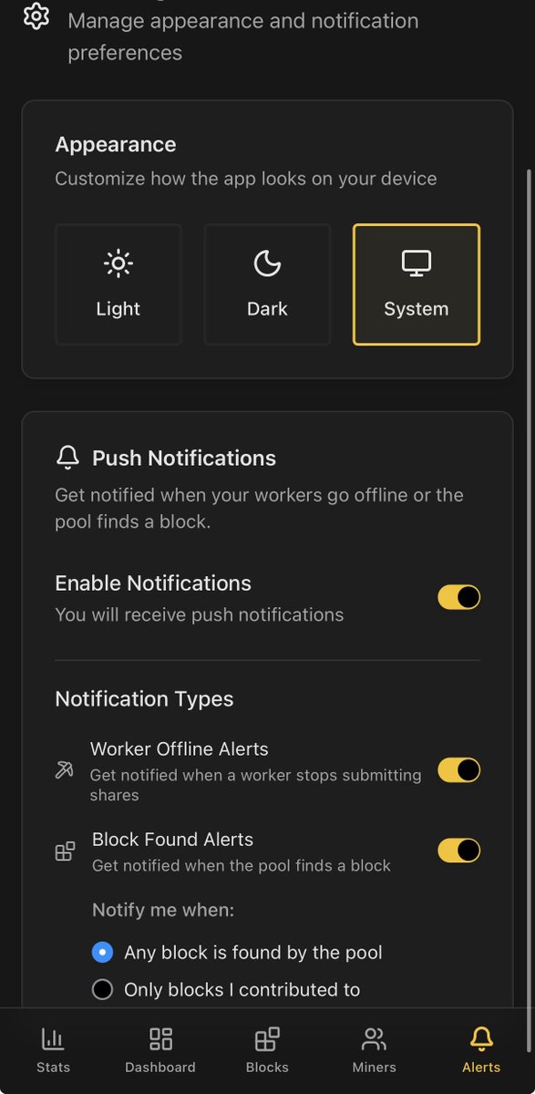 1rootSV's tweet photo. open as Web App, enter your payout address to load your dashboard, and go to Alerts to configure notifications https://t.co/10PJMD3PG3