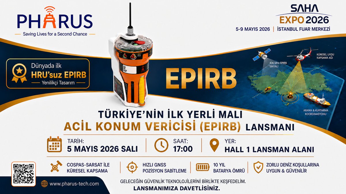 pharustech's tweet photo. Türkiye'nin ilk yerli EPIRB cihazı Saha Expo 2026’da! TÜBİTAK destekli, HRU gerektirmeden suda otomatik salınım sağlayan patentli çözümümüzün lansmanına davetlisiniz.

🗓️ 5 Mayıs, 17:00 
📍 Hall 1 Lansman Sahnesi https://t.co/elcQiULD1D