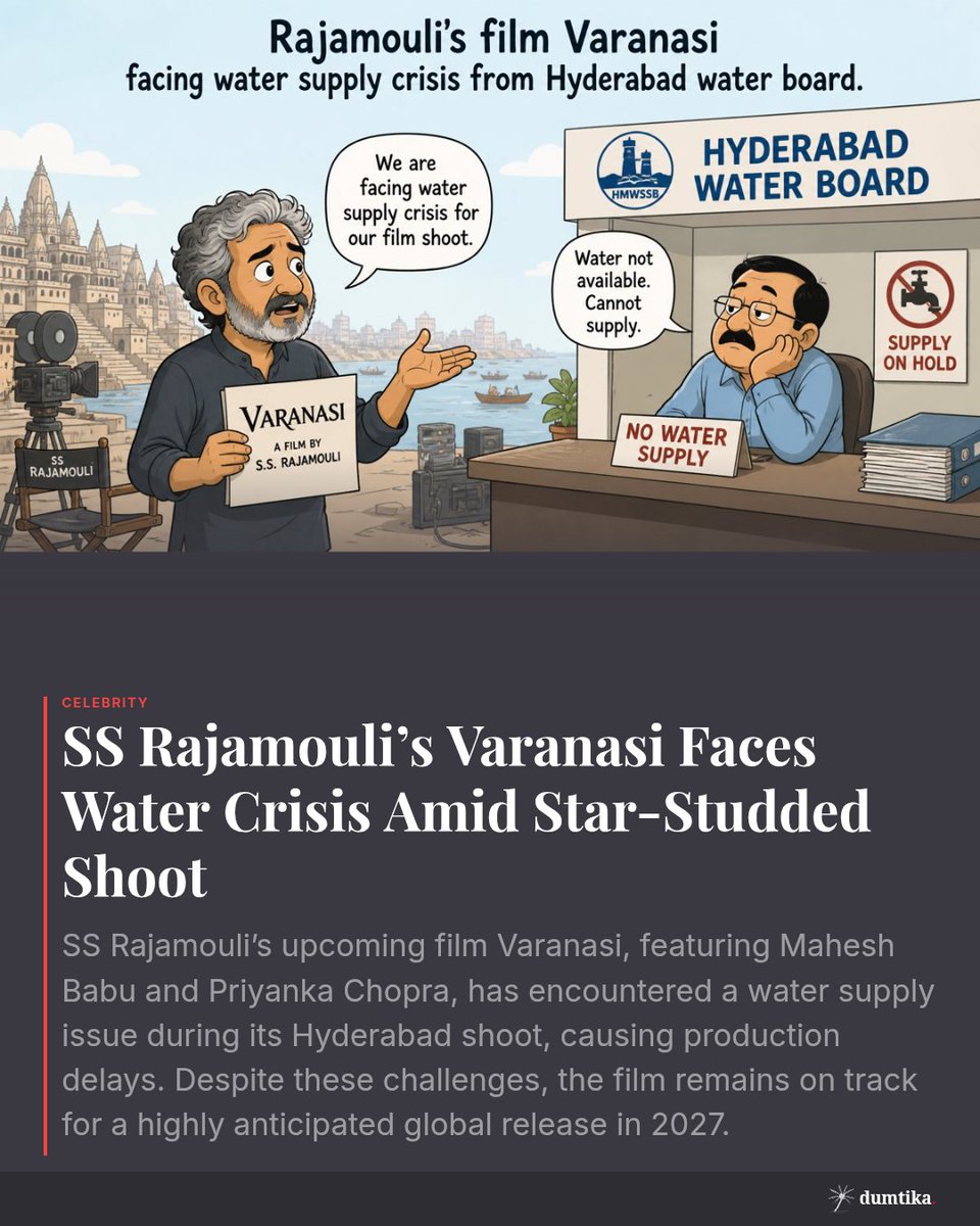 DumtikaMedia's tweet image. SS Rajamouli’s much-anticipated Varanasi faces a water crisis during its Hyderabad shoot, causing delays! 🌊🎬 With stars Mahesh Babu and Priyanka Chopra onboard, fans wait eagerly for its 2027 global release. #Varanasi #SSRajamouli #Bollywood