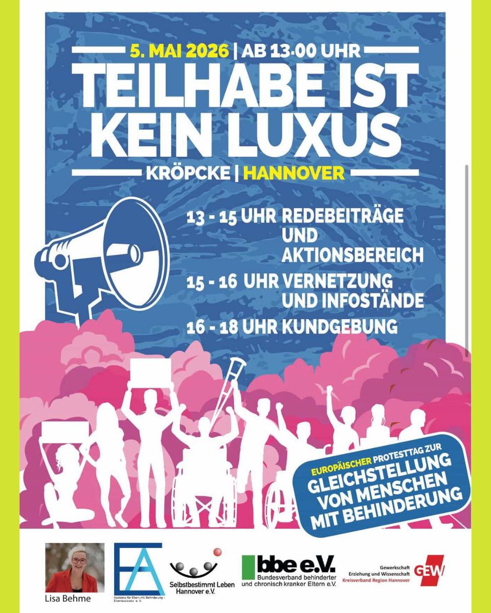 Inklusion ist ein Menschenrecht - kein Sparmodell!
Am 5. Mai gehen wir bundesweit auf die Straße, um für Gleichstellung und gegen die ausgrenzende Ideologie der AfD zu demonstrieren. In Berlin oder Hannover: Wir lassen nicht zu, dass unsere Würde angegriffen wird.