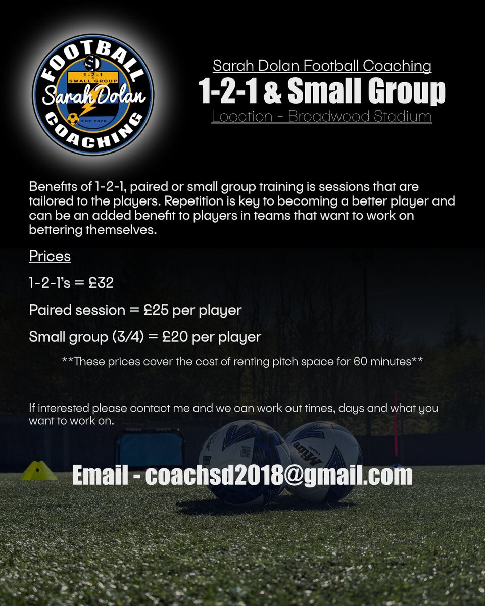 SarahDolan3lf's tweet photo. I’m offering 1-2-1 and small group football sessions. Get in contact if interested 

coachsd2018@gmail.com https://t.co/NvOsfv3Kki