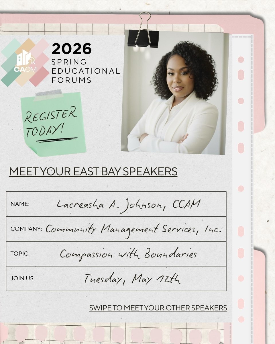 CACMchat's tweet image. Meet your East Bay speakers! 🎤✨

Get ready to learn all about “Compassion with Boundaries” at our 2026 Spring Educational Forums. Mark your calendar for Tuesday, May 12! 👀📅

#linkinbio🔗
#CACM #SpringForums #CommunityManagers