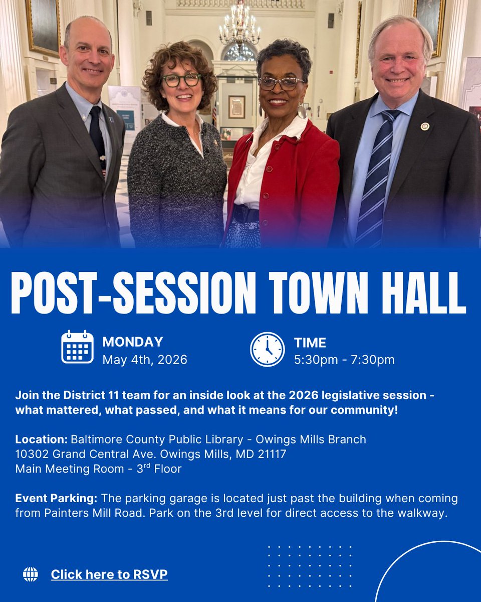 shellyhettleman's tweet photo. Join me and our entire District 11 Team tomorrow from 5:30–7:30pm at the Owings Mills Library for our post-session town hall! Come learn about what we accomplished this session, ask questions, and share your thoughts with us. https://t.co/77pdC8ePfu
