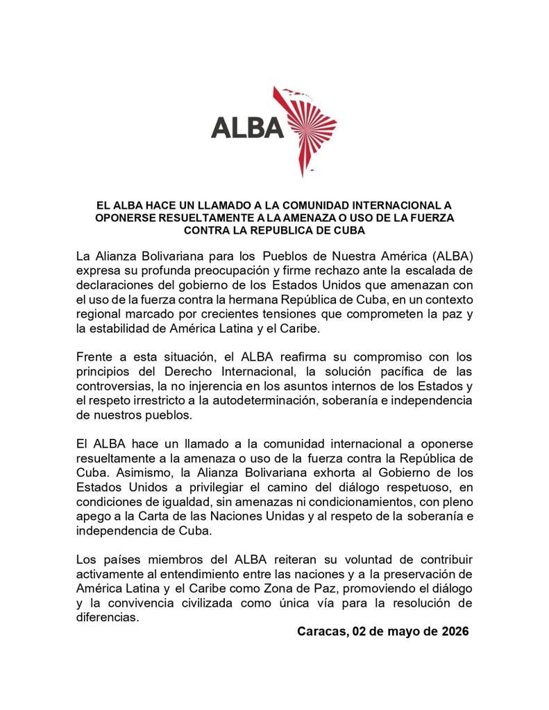 TeresaBoue's tweet photo. El ALBA hace un llamado a la comunidad internacional a oponerse resueltamente a la amenaza o uso de la fuerza contra la República de #Cuba 🇨🇺 #CubaNoEstáSola
#MujeresEnRevolución https://t.co/nzpuxJFrbT