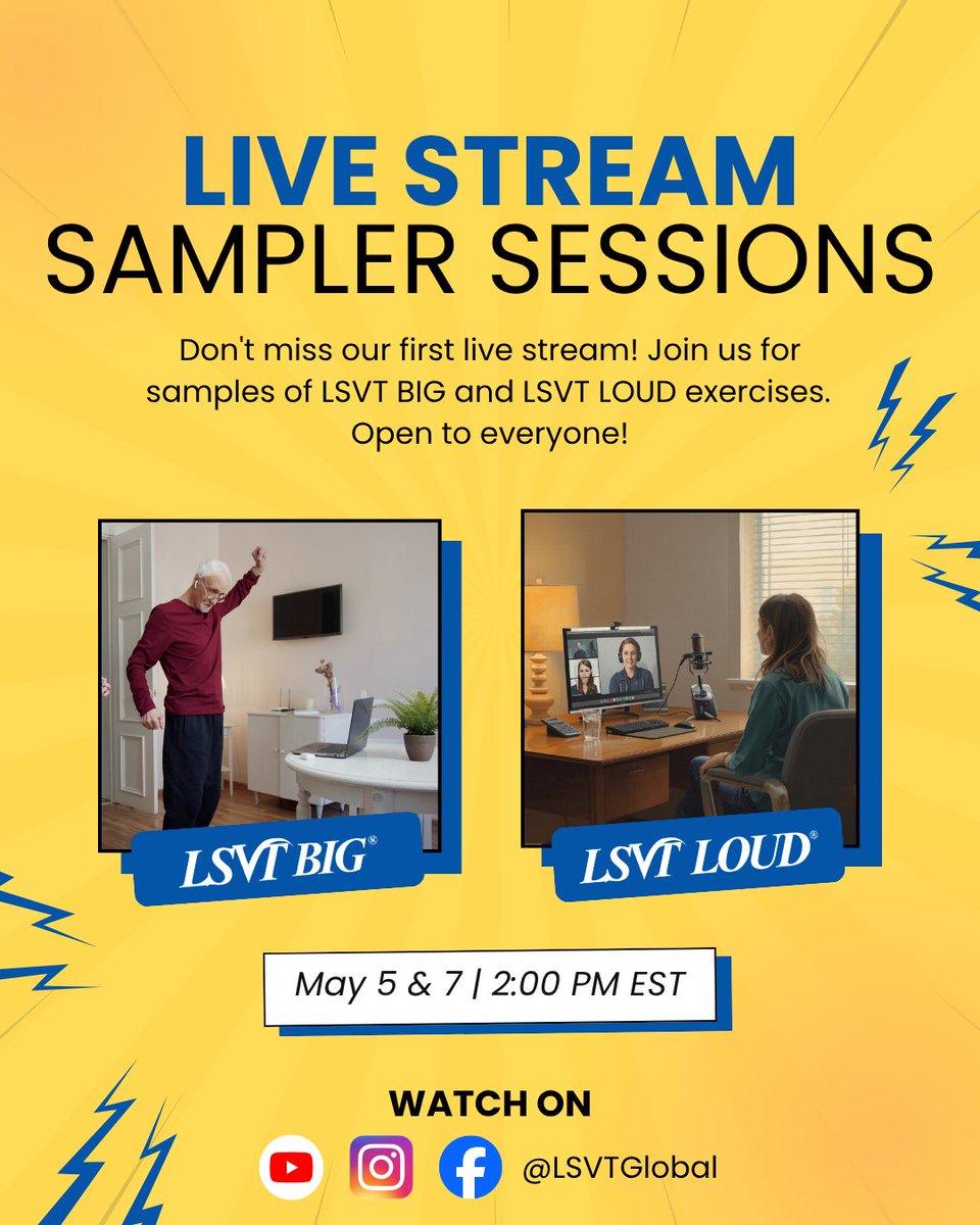LSVTGlobal's tweet image. 📢 BIG NEWS: Join us for our FIRST-EVER Live Stream series! Experience live samples of LSVT BIG &amp;amp; LSVT LOUD exercises. Open to everyone!
🗓️ May 5–7 🕑 2:00 PM EST 📺 YouTube, Instagram, &amp;amp; FB Live
#LSVT #Parkinsons #HealthLive