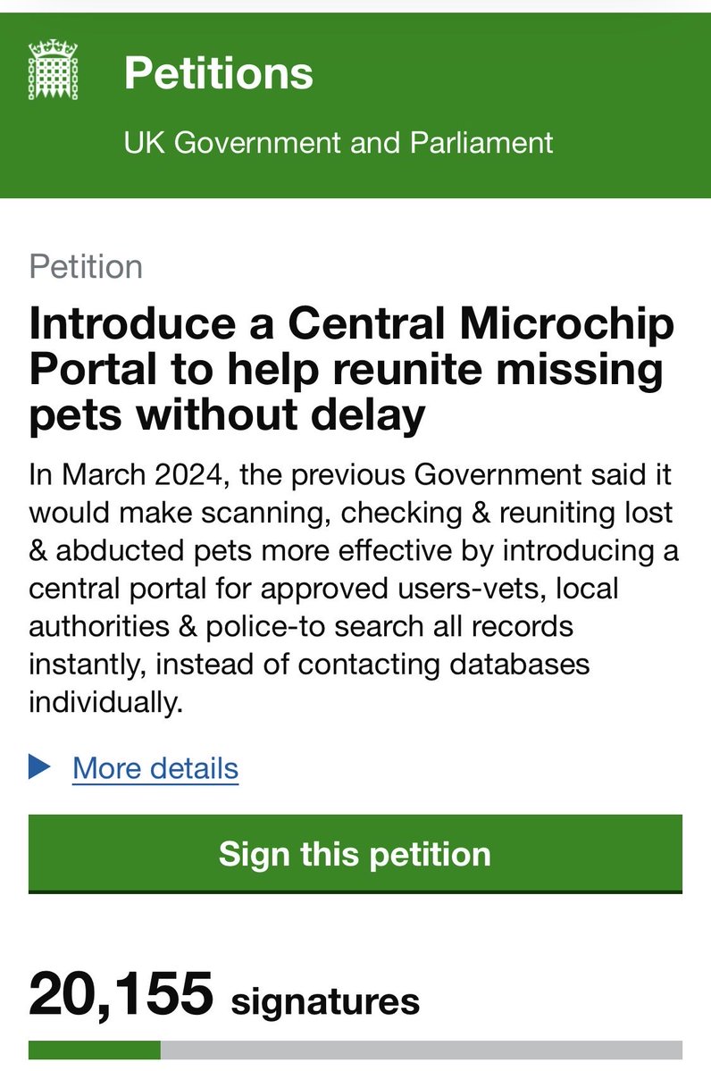 VetsGetScanning's tweet image. Thank you to all who have signed this petition, just over 20,000 of you 🎉🎉🎉 it’s such an important issue for every microchipped #dog and #cat. Recommended by the Government’s Pet Theft Taskforce, Defra announced the fix to link all 25 UK compliant databases.  A single,