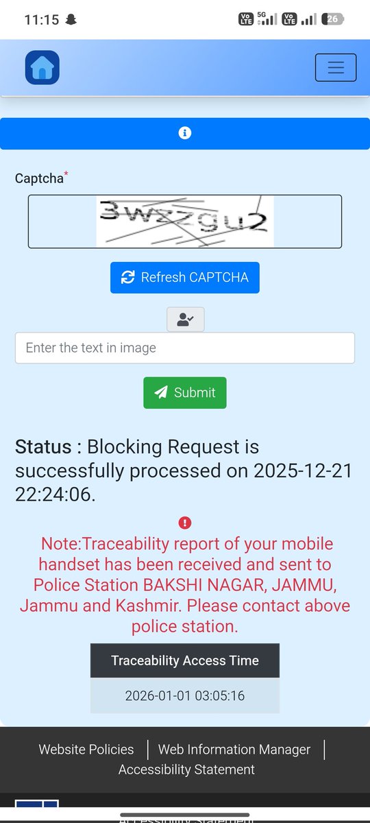 Arbutt_23's tweet photo. My stolen mobile has been successfully traced via CEIR, and report already shared with Bakshi Nagar Police Station, Jammu. 
I have already emailed concerned authorities but received no response.
@JmuKmrPolice @Cyberdost @DoT_India @CEIRIndia
FIR No: [228]
IMEI: [865657061648706] https://t.co/MH5CNDTB9B