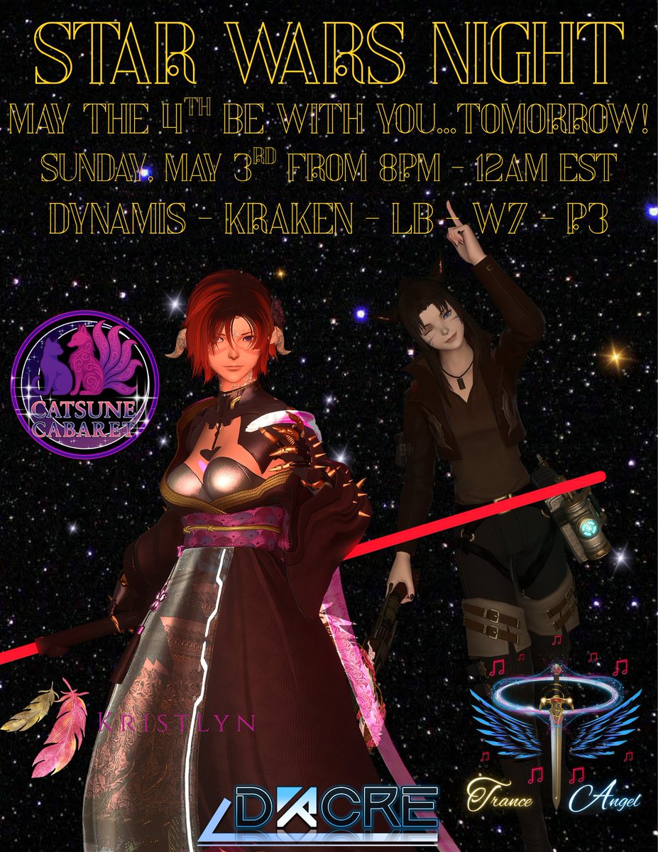PrincessSanaria's tweet photo. May the 4th be with you! Oh yeah...its a day early, but we are celebrating the Star Wars franchise at the Cabaret tonight!~ ✨🌌

Poster by me 🩷

#GPOSERS | #GPOSER | #ffxivclub | #ffxivvenues https://t.co/JdfJqycXUt