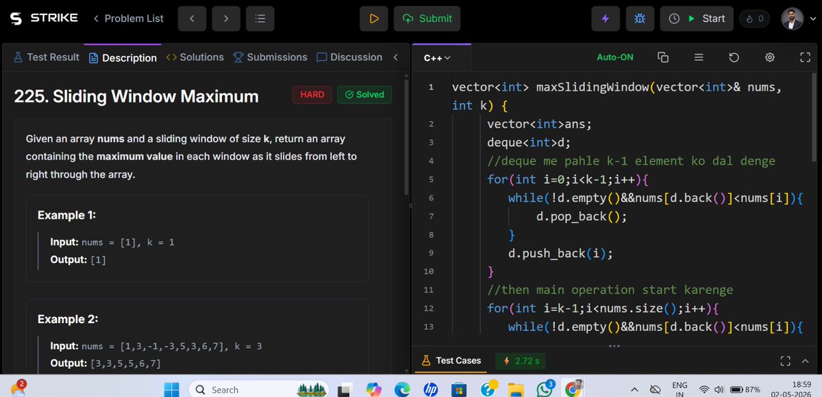 OmPrakash_cpp's tweet image. Learned Deque and solved key problems today 💻
Sliding Window Maximum &amp;amp; Max of Minimum for every window size.
#DSA #Deque #SlidingWindow #Coding #ProblemSolving