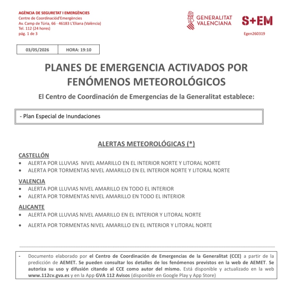 pccalp's tweet photo. ⚠️ el Centro de coordinación de Emergencias Comunidad Valenciana establece el nivel amarillo🟡 por  lluvias y tormentas ⛈️para nuestra zona. https://t.co/6Bhn7VEXI4