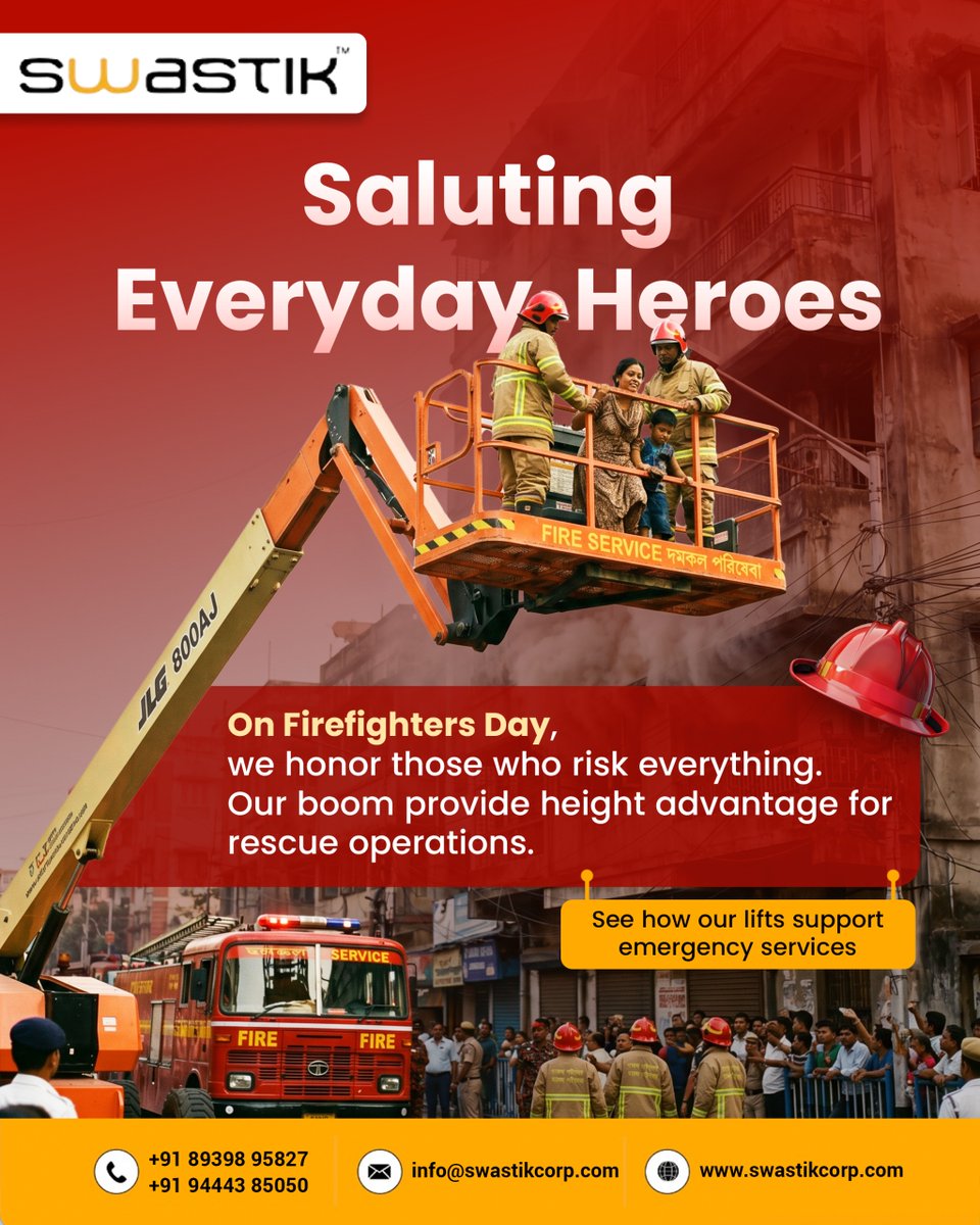 swastikcorp17's tweet image. aluting Everyday Heroes 🚒 
On #FirefightersDay, we honor those who risk everything to save lives.  
When every second counts, access matters. Swastik Aerial Work Platforms support safe, fast rescue operations  
+91 89398 95827 
swastikcorp.com 
#SafetyFirst #BoomLifts