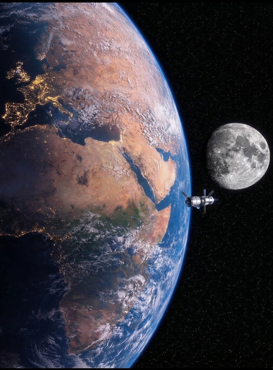 RupeeMindset's tweet image. This view hits different! Earth glowing at night, our Moon watching over, and humanity pushing back into deep space with Artemis II. What a time to be alive! The future of exploration is here — who else is hyped for us returning to the Moon and beyond? #ArtemisII #NASA #SpaceX