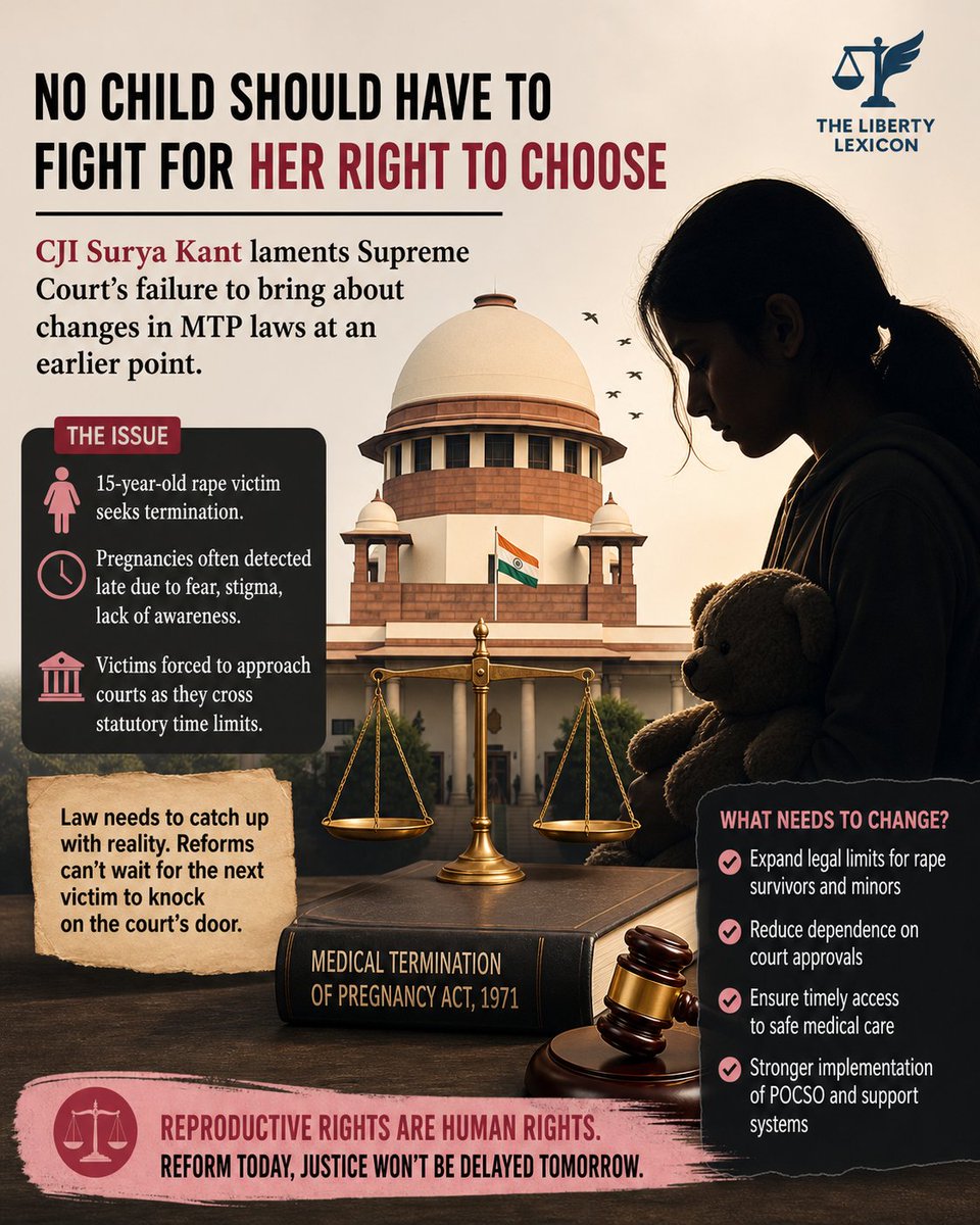 Libertylexicon1's tweet image. While dealing with the pregnancy termination case of a 15-year old rape victim, Chief Justice of India Surya Kant recently lamented the Supreme Court's failure to bring about changes in medical termination of pregnancy laws at an earlier point.
#Supremecourt #legalnews #justice