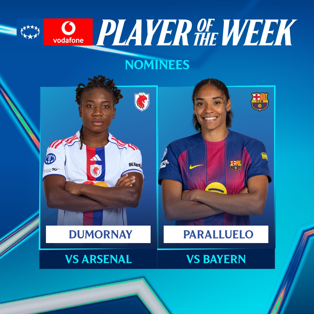 UWCL's tweet photo. Dumornay &amp; Paralluelo = Player of the Week nominees ✨

Pick your favourite performance 👇

#UWCLPOTW || @VodafoneGroup