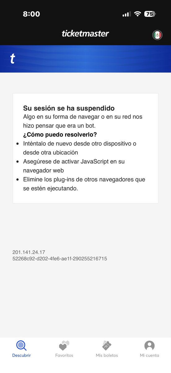 Airwolf1973's tweet photo. @Ticketmaster_Me  bloquearon mi cuenta y me consideraron un Bot y no puedo ingresar a mi cuenta, no voy a cambiar de teléfono por su razonamiento ilógico.  Cómo o cuando se desbloqueo? @Profeco https://t.co/oPm5FXgJrv
