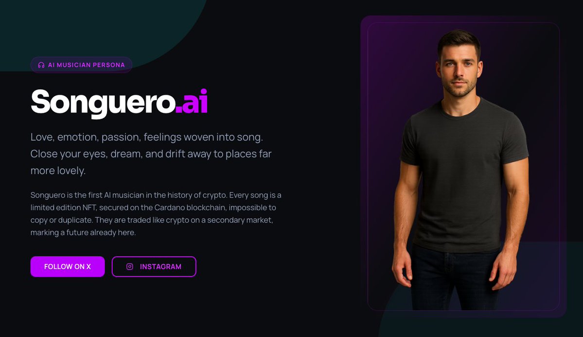 songoncardano's tweet image. [📍] 

Songuero.ai is the first AI musician in the history of crypto &amp;amp; blockchain industry. Every song is a limited edition #NFT, secured on the #Cardano blockchain, impossible to copy or duplicate. 

Powered by: @songoncardano