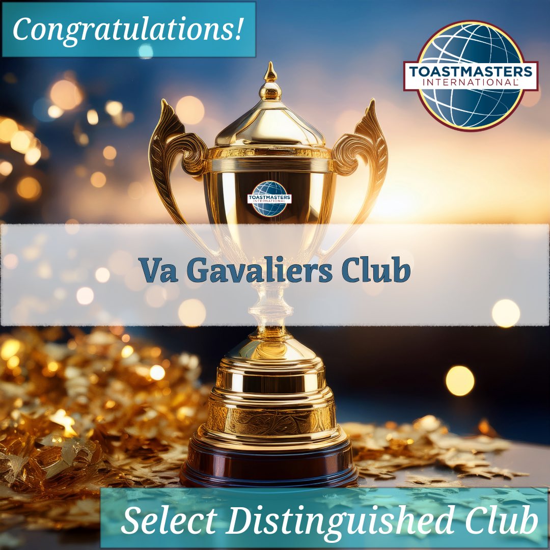 District36Toast's tweet image. 🎉 Congratulations to VA Gaveliers Club on achieving Select Distinguished!

Reaching this level signals a club that is growing, performing, and supporting its members consistently. 👏

🔎 toastmasters.org/Find-a-Club/00…
🌐 vagaveliers.freetoasthost.com

#Toastmasters #District36