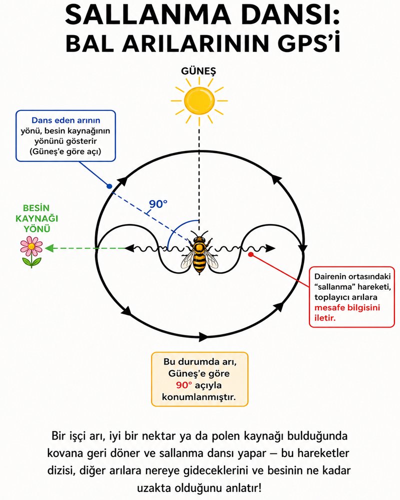 matematikselorg's tweet photo. Bir işçi arı iyi bir nektar ya da polen kaynağı bulduğunda kovana geri döner ve sallanma dansı yapar. Bu dans, diğer arılara besine ulaşmak için nereye gideceklerini ve besinin ne kadar uzakta olduğunu anlatan bir dizi harekettir.

Sallanmanın yönü, arılara Güneş’in konumuna göre hangi yöne uçmaları gerektiğini gösterir.

Sallanmanın uzunluğu, çiçeklerin ne kadar uzakta olduğunu belirtir.

Dans ne kadar heyecanlıysa, besin kaynağı o kadar iyidir.