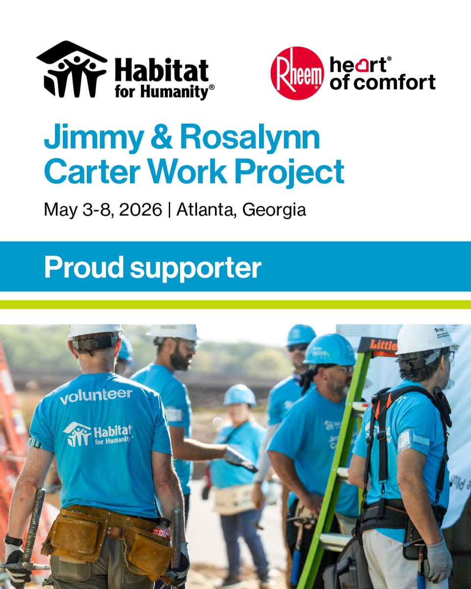 rheem's tweet photo. It’s an incredible honor to participate in the Carter Work Project during Habitat’s 50th anniversary. We’re proud to sponsor an initiative that allows us to serve our communities in such an impactful way. #HeartatWork #CarterWorkProject 🏠 https://t.co/FBK0XSxePX