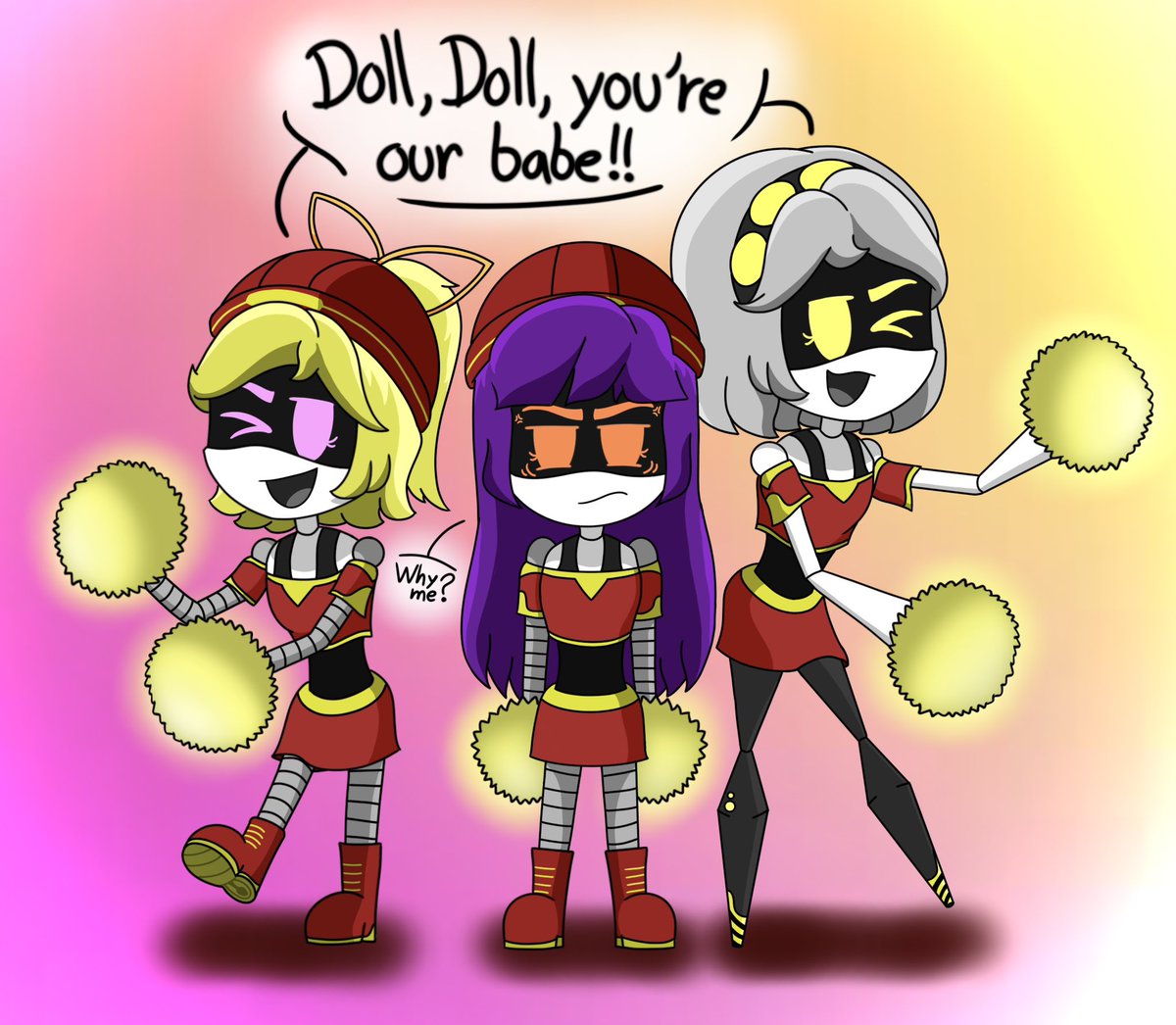 CamRGNV2's tweet photo. Cheerleaders 🩷❤️💛
#murdedrones #murdedronesfanart #SerialDestinationV #doll #lizzy https://t.co/LNjYNy15oS