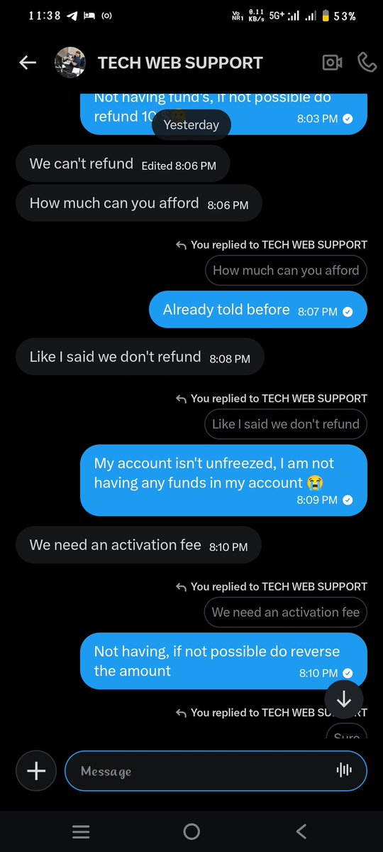 Arun_08's tweet image. Account affiliated with @JANE_CRAXX is sending reply to every messages &amp;amp; doing frauds in the name of telegram account recovery. After confirming everything &amp;amp; sending $10 for account recovery, She is asking for more money which is totally wrong.

#fraud #cybercrime  @Support