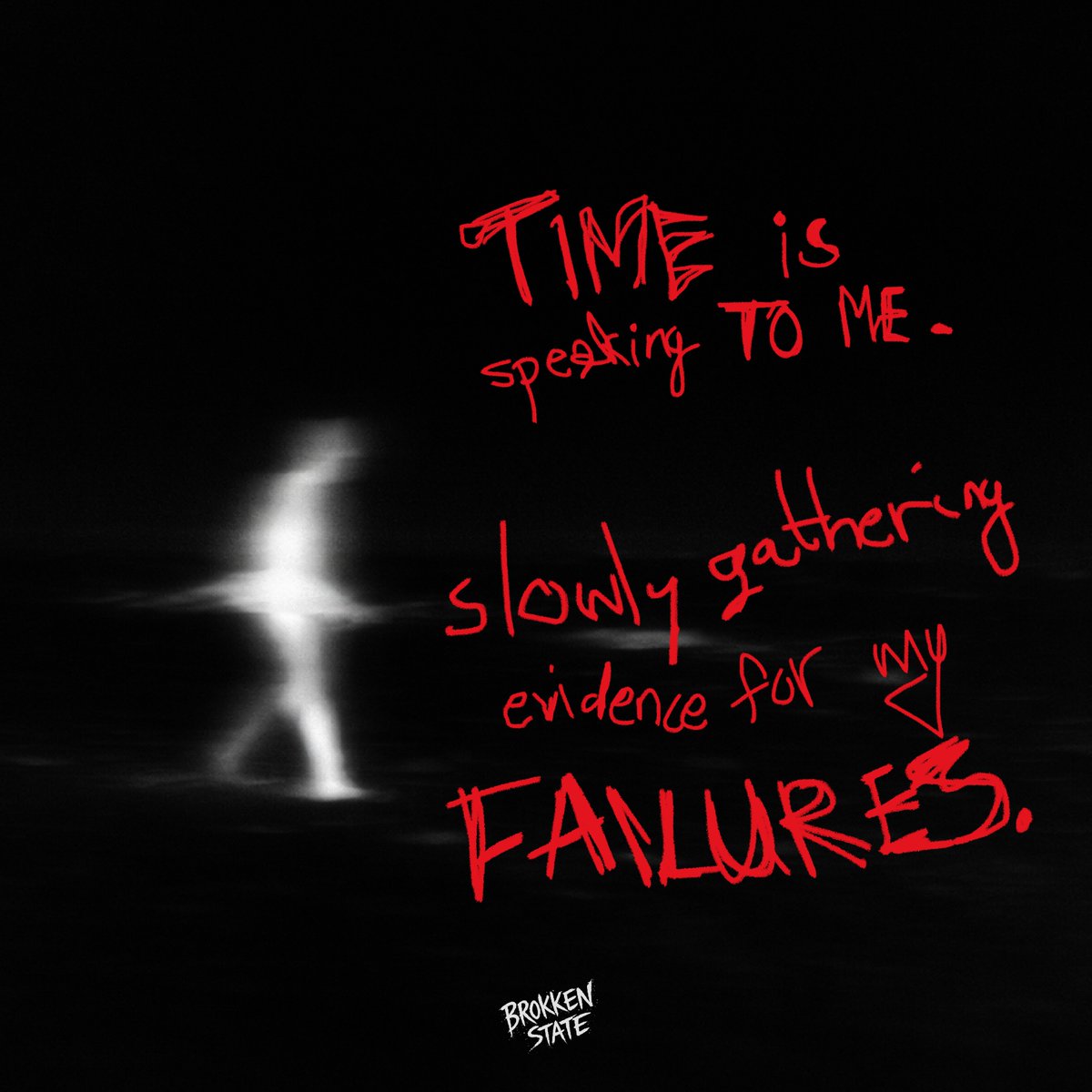 Brokkenstate's tweet image. Time doesn't warn you. It just quietly builds its case. Dark grunge art for the ones who feel the weight of time differently. A ghostly figure walking through darkness — not running, not stopping. Just moving through it.  #blurryaesthetic #time #visualpoetry #existentialart
