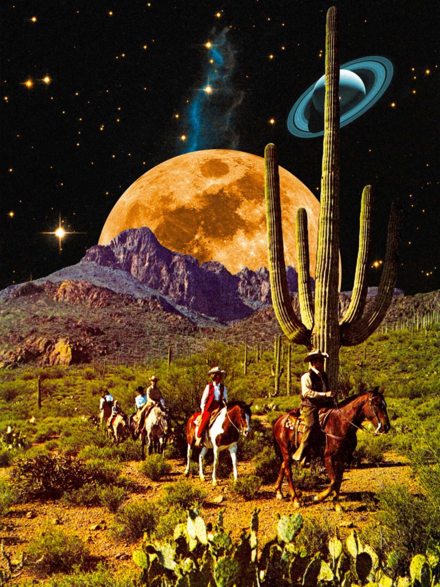 taudalpoi's tweet image. Moon Ranchers🌵

When desert trails meet ringed skies, the old map folds into a new home

Retro-futurist collage — follow for more space and collage art 🚀 #RetroFuturism #SpaceArt #CollageArt #CosmicWest