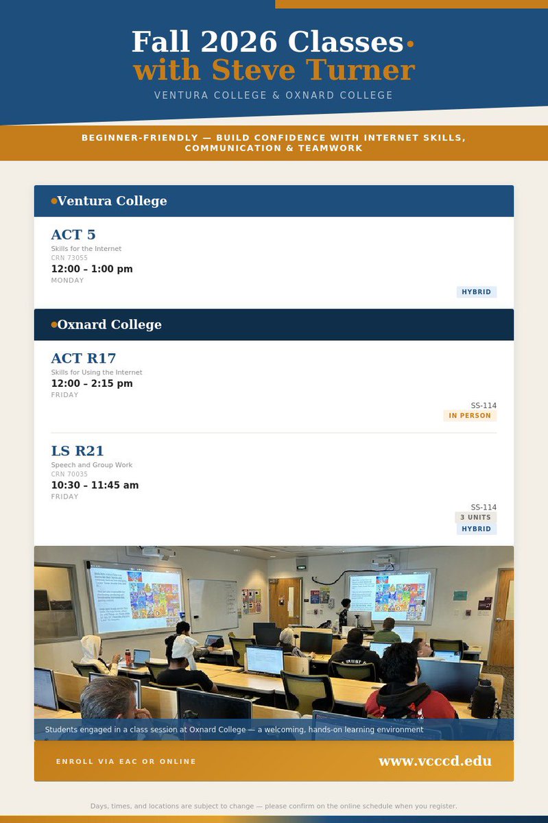 Steve__Turner's tweet photo. Interested in learning the latest assistive technology and internet principles or perhaps getting over your anxiousness about public speaking, check out these options for learning around Ventura County by clicking on https://t.co/vvO2Wt4iQ9 https://t.co/ymYkAzUXBI
