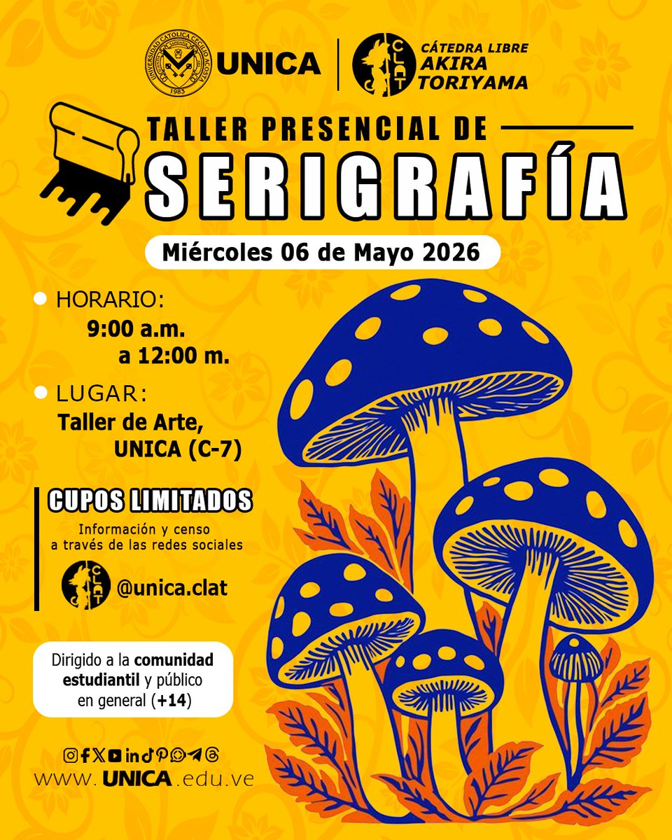 IsraelJBV's tweet photo. 🌟 TALLER PRESENCIAL DE SERIGRAFÍA.

🔶 Miércoles 06/05/26.
Desde las 9:00 a.m. en el Taller de Artes de la @unicaeduve (Salón C-7 de la @fam_unica).

🔶 ¡CUPOS LIMITADOS!
Información y censo a través de @unica.clat / 0426-26.96.705 / Lcdo. Israel Baptista Vera @israeljbv https://t.co/qA7yfqxGzB