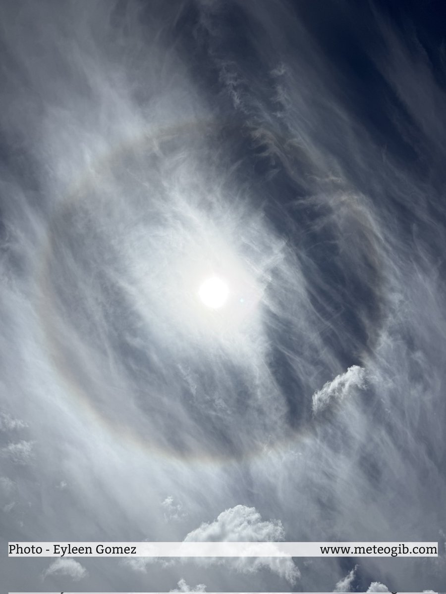 MeteoGib_'s tweet image. #Gibraltar - 03/05 - a stunning shot of a #Solar #Halo thanks to MeteoGib follower Eyleen Gomez -  generated by the refraction of sunlight by the ice crystals in the high cirrus clouds this afternoon - a warm day which saw a mix of cloud and sunshine, turning hazier. Max 24.0C.