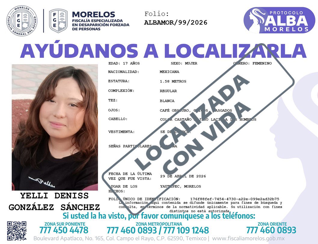 linea_caliente_'s tweet image. #Local | Fiscalía Morelos desactiva #ProtocoloAlbaMorelos para la búsqueda y localización de YELLI DENISS GONZÁLEZ SÁNCHEZ de 17 años de edad. Fue localizada con vida.