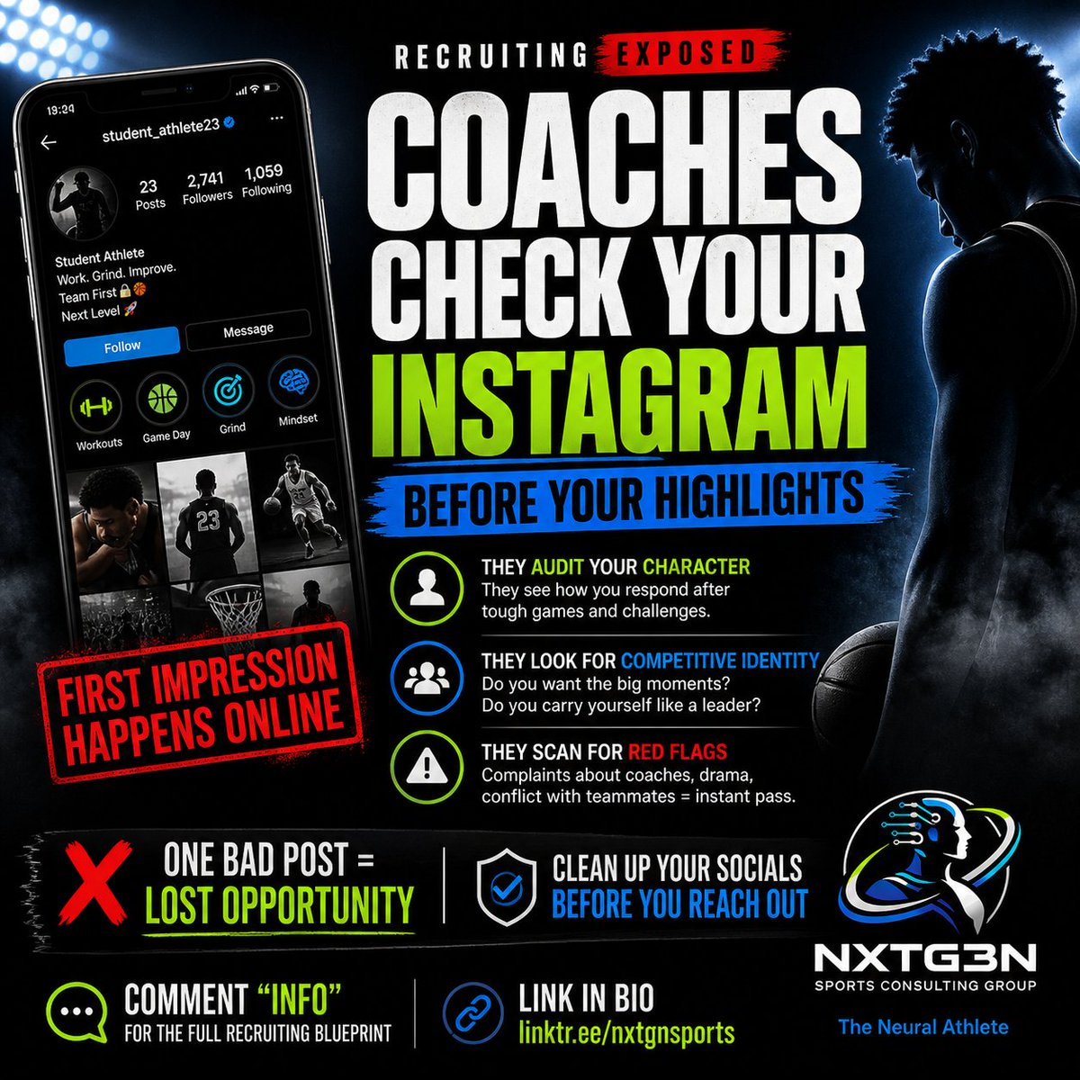 Nxtg3nC2879's tweet photo. 🚨 This post alone could cost you a scholarship…

Coaches check your Instagram BEFORE your highlights.

Not your game… your CHARACTER.

👀 Attitude
👀 Reactions after losses
👀 Drama
One bad post = GONE.
💬 Comment “INFO”
🔗 https://t.co/PDyn1EWSmZ

#Recruiting #NIL  #NXTG3N https://t.co/MyM4lhTWhC