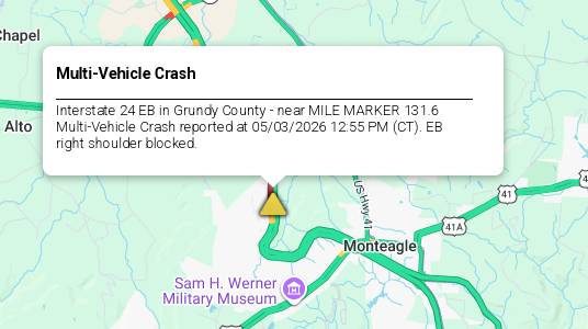 LiveTraffic2's tweet image. Grundy County/Monteagle Mtn Area- A crash being cleared on I-24 eastbound at 131 mm 1:31pm CT. commanderchuck.net #Nashville #Tennessee #CommanderChuck #TDOT #TrafficAlert #Traffic #Weather #Follow