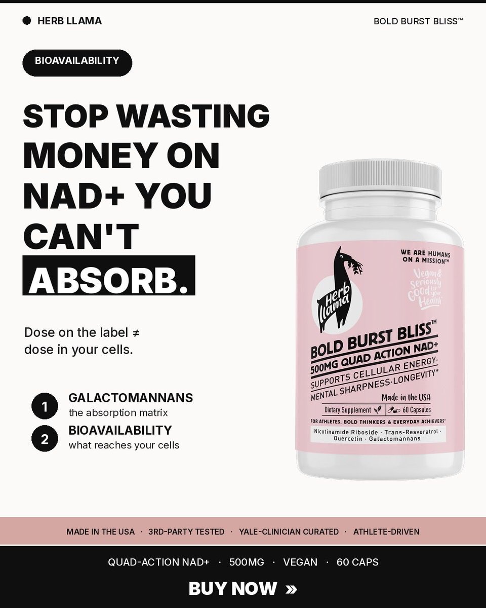 herbllama's tweet image. Most NAD+ supplements quietly fail.
NAD+ is a 4-phase pathway: build → activate → protect → absorb. Skip one, stall the cellular machinery.
BOLD BURST BLISS™ is engineered as the full system. Yale-clinician curated. Team USA tested.
#NADsupplement #Longevity #Biohacking