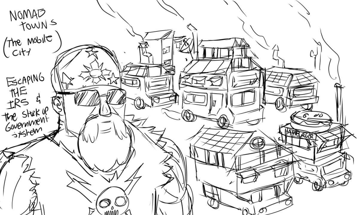 hazzman77's tweet image. Mobile Towns. Nomadic on the go towns to escape the IRS (Infernal Revenue System). When governments build restrictions and owning land impossible. 
THE NOMADS RIDE THE FREE ROADS OF LOST PINES.

#fallout #postapocalyptic #dystopia #apocalypse #fantasy #scifi #gaspunk #cyberpunk